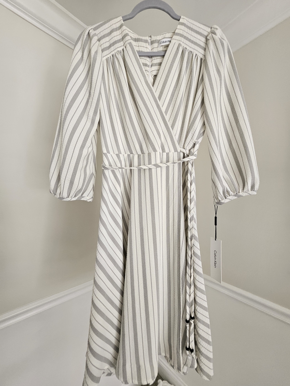 Calvin Klein Cream and Gray Striped Wrap Midi Dress with Puff Sleeves